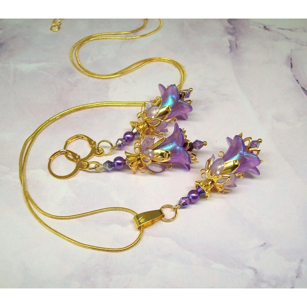 Purple Floral Cottagecore Jewelry Set, Gold, Hand Painted Artisan Crafted Flower